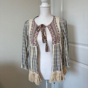 Knox Rose Boho Embroidered Tassel Tie Cardigan Blue Cream Fringe Medium Cotton